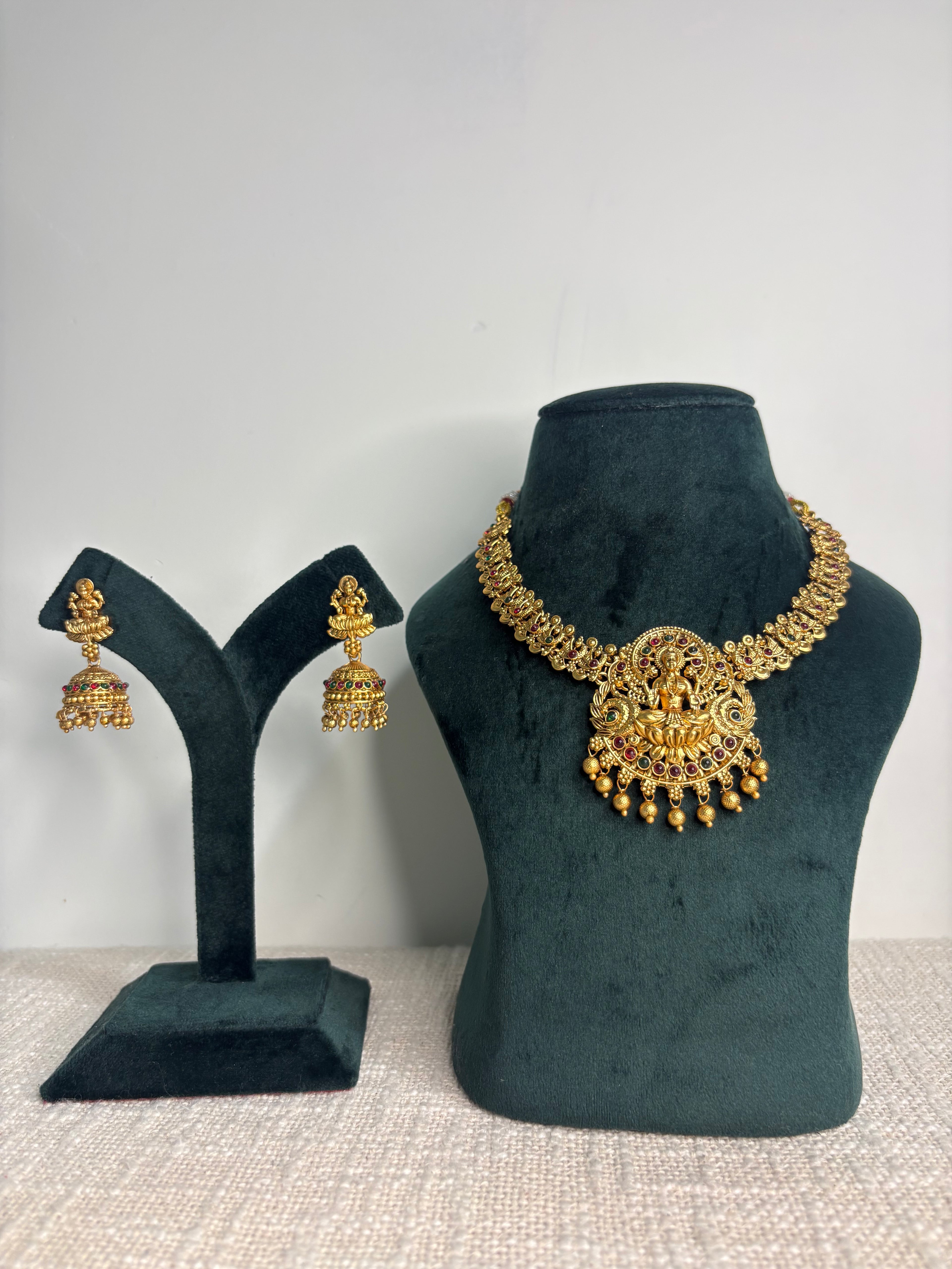 Divine Lakshmi Temple Necklace Set with Jhumkas