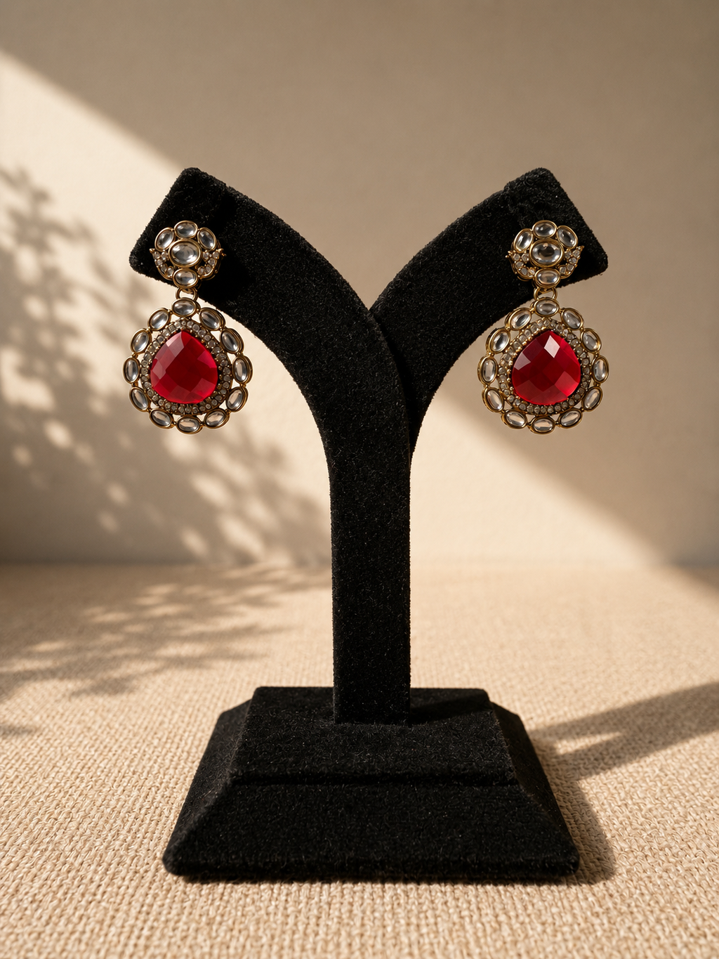 Red Chand Polki Drop Earrings