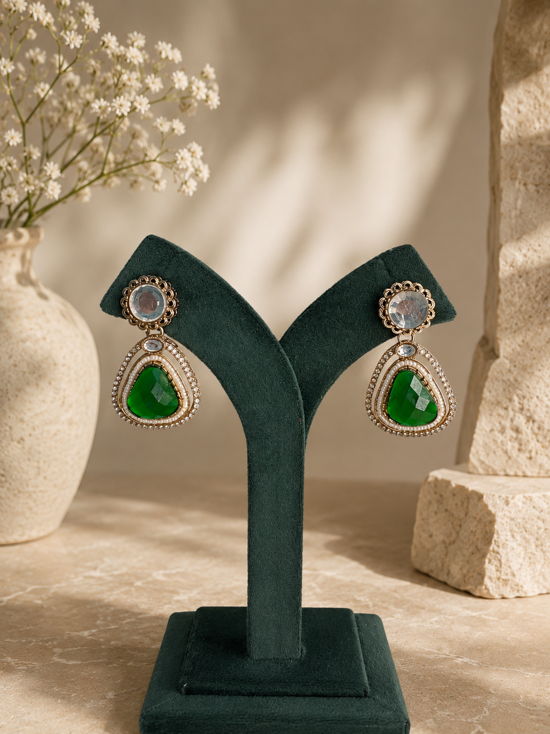 Meher Drop Earrings - Emerald Green